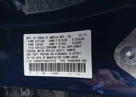 2014 Honda Accord Sport from USA, damaged, VIN 1HGCR2F50EA233378